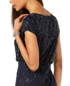 Adrianna Papell Women's Beaded Short-Sleeve Sheer-Overlay Gown -Anne Klein Sales Store 19076548 fpx