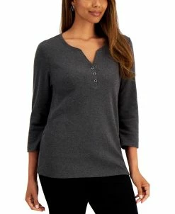 Karen Scott Cotton Henley V-Neck Top, Created For Macy's