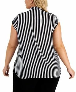 Alternative view of Bar III Trendy Plus Size Tie-Neck Striped Top, Created For Macy's