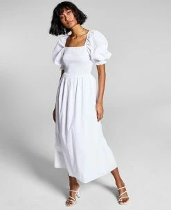 And Now This Women's Cotton Smocked Puffed Sleeve Midi Dress