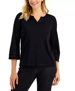 Alternative view of Karen Scott Women's Ladder Trim 3/4-Sleeve Split-Neck Top, Created For Macy's