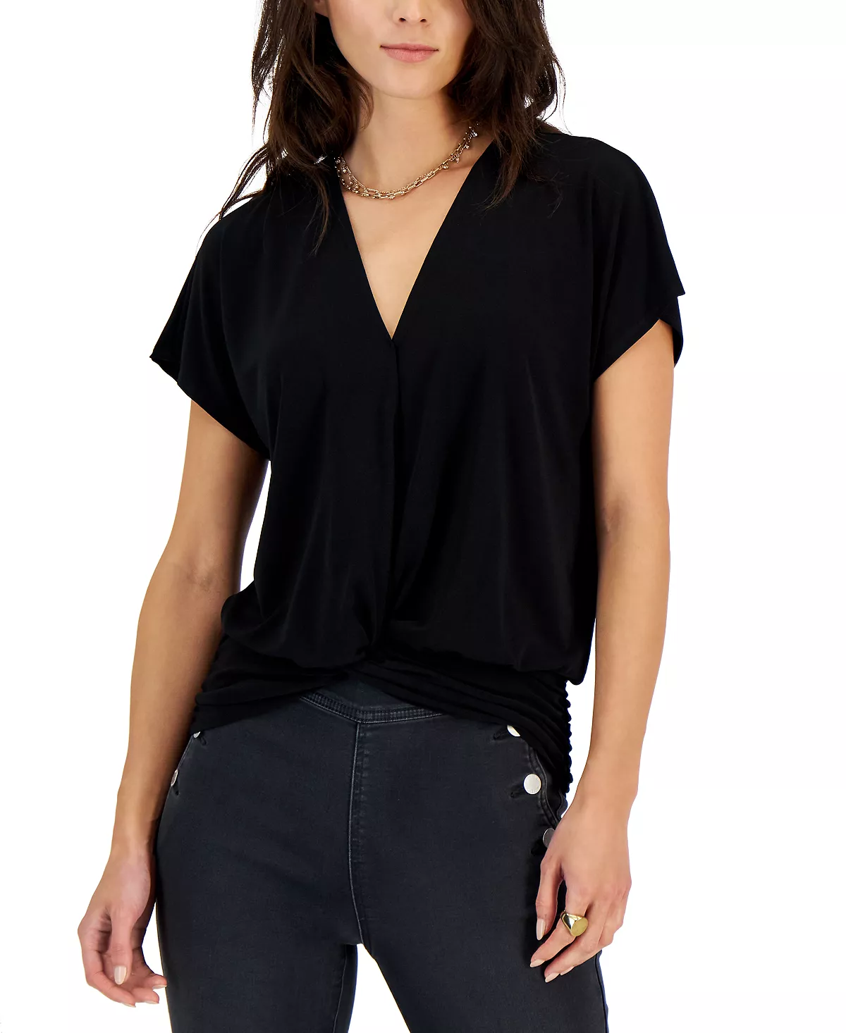 INC International Concepts Women's Faux-Wrap Knot-Hem Top, Created For Macy's 1 INC International Concepts Women's Faux-Wrap Knot-Hem Top, Created For Macy's
