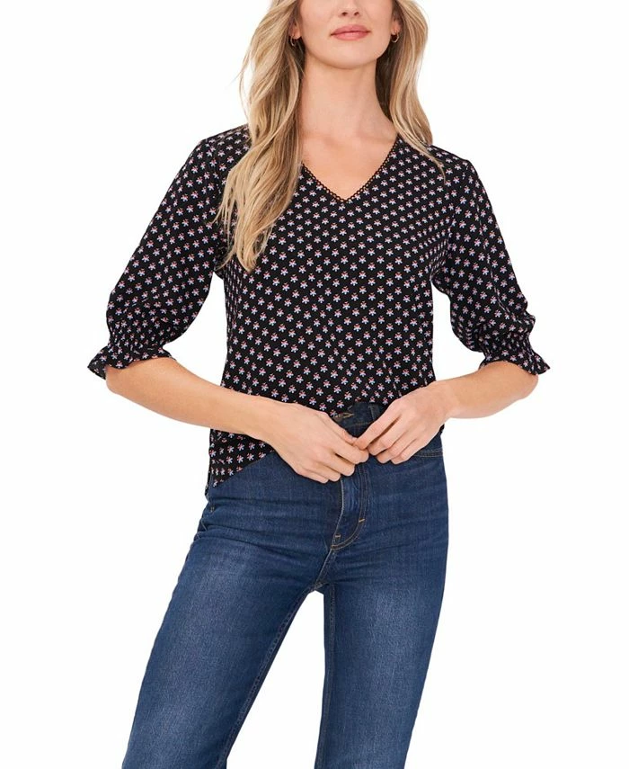 CeCe Women's Printed V-neck Blouse With Trim 1 CeCe Women's Printed V-neck Blouse With Trim
