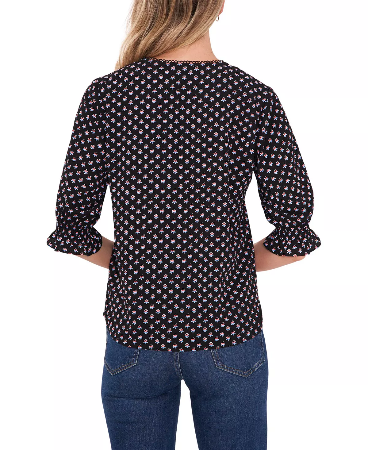 CeCe Women's Printed V-neck Blouse With Trim 2 CeCe Women's Printed V-neck Blouse With Trim - Image 2