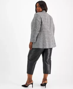 Alternative view of Bar III Plus Size Plaid Double-Breasted Blazer, Ruffle Tie-Neck Blouse, & Faux Leather Tie Waist Pants, Created For Macy's