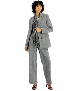 Anne Klein Sales Store 15 Bar III Women's Plaid Double-Breasted Blazer, Ruffle Tie-Neck Blouse, & Plaid Pleated Wide Leg Pants, Created For Macy's