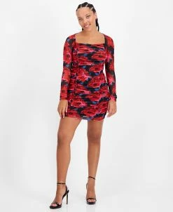 Bar III Women's Ruched Mesh Square-Neck Mini Dress, Created For Macy's
