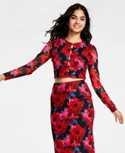 Bar III Women's Floral-Print Cutout Mesh-Sleeve Crop Top, Created For Macy's