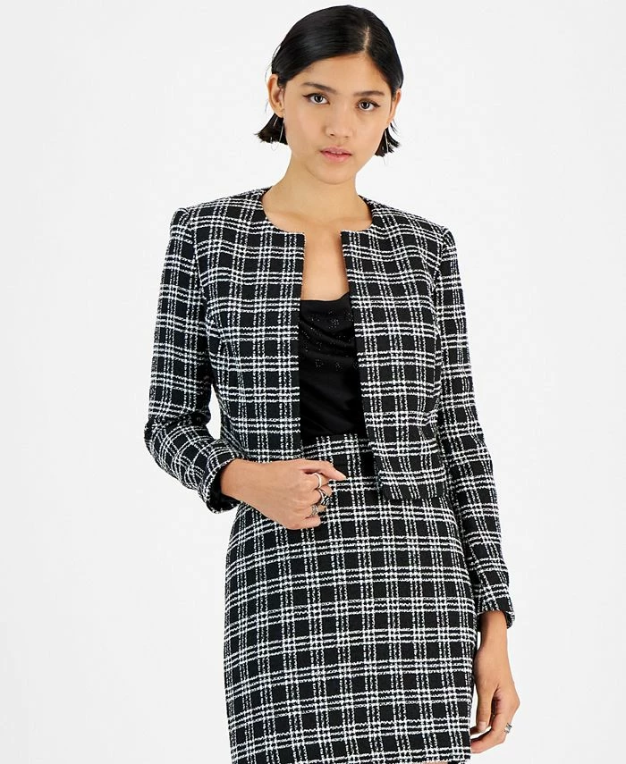 Bar III Women's Plaid Tweed Open-Front Cropped Jacket, Created For Macy's 1 Bar III Women's Plaid Tweed Open-Front Cropped Jacket, Created For Macy's