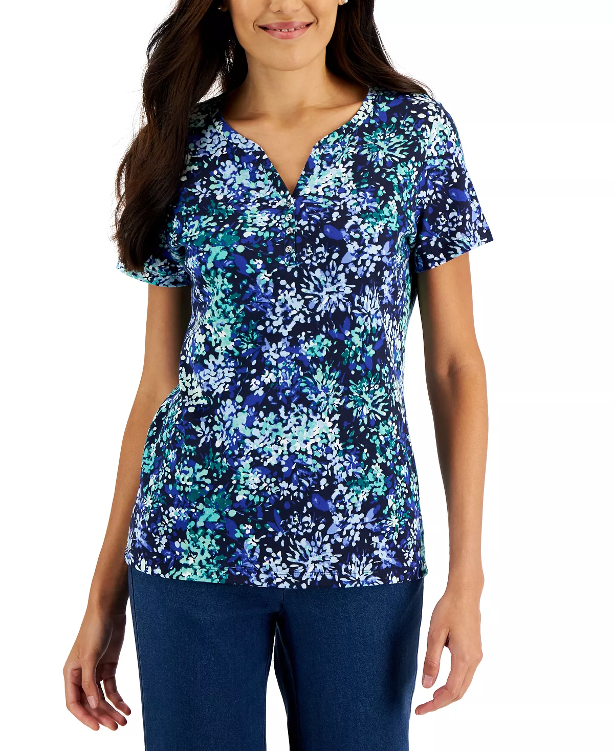 Karen Scott Women's Short-Sleeve Floral-Print Henley Top, Created For Macy's 4 Karen Scott Women's Short-Sleeve Floral-Print Henley Top, Created For Macy's - Image 4