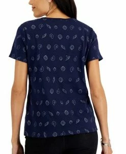 Alternative view of Karen Scott Women's Short-Sleeve Shell-Print Henley Top, Created For Macy's