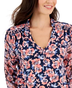 Charter Club Women's Floral Split-Neck Top, Created For Macy's -Anne Klein Sales Store 22354191 fpx