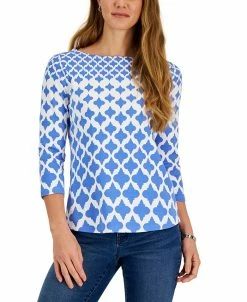 Charter Club Women's Cotton Printed 3/4-Sleeve Boat-Neck Top