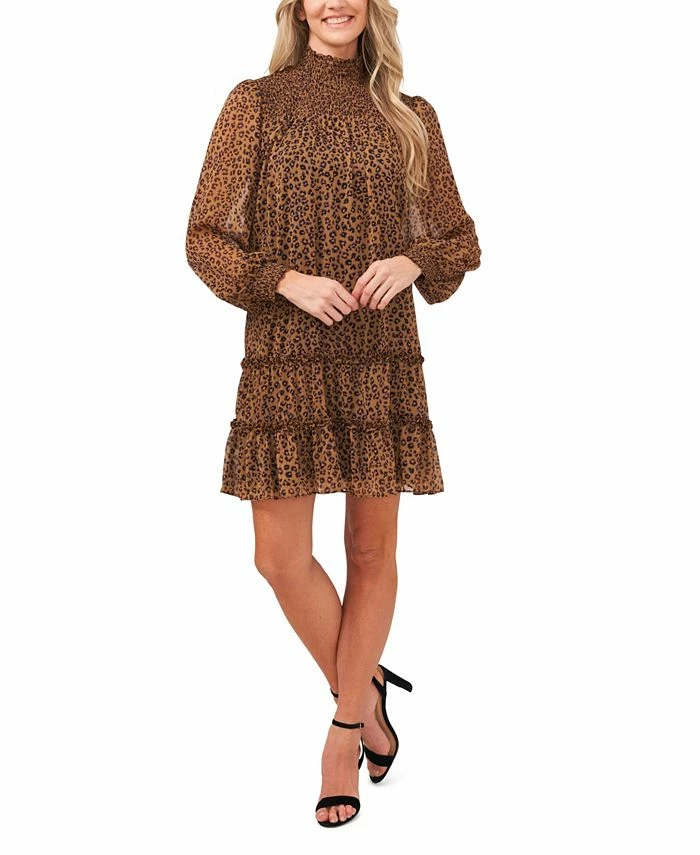 CeCe Women's Long Sleeve Smocked Leopard Dress 1 CeCe Women's Long Sleeve Smocked Leopard Dress