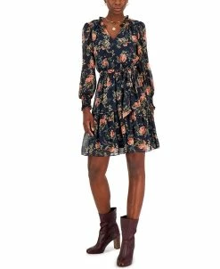 INC International Concepts Hiffon Printed Blouson-Sleeve Fit & Flare Dress, Created For Macy's