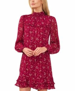 CeCe Women's Smocked Neck Bottom Flounce Long Sleeve Dress