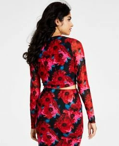 Alternative view of Bar III Women's Floral-Print Cutout Mesh-Sleeve Crop Top, Created For Macy's