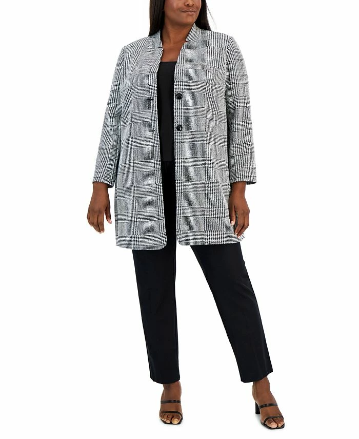 Kasper Plus Size Houndstooth-Plaid Two-Button Longline Blazer 1 Kasper Plus Size Houndstooth-Plaid Two-Button Longline Blazer