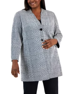 Kasper Plus Size Houndstooth-Plaid Two-Button Longline Blazer 8 Kasper Plus Size Houndstooth-Plaid Two-Button Longline Blazer -Anne Klein Sales Store 22567615 fpx