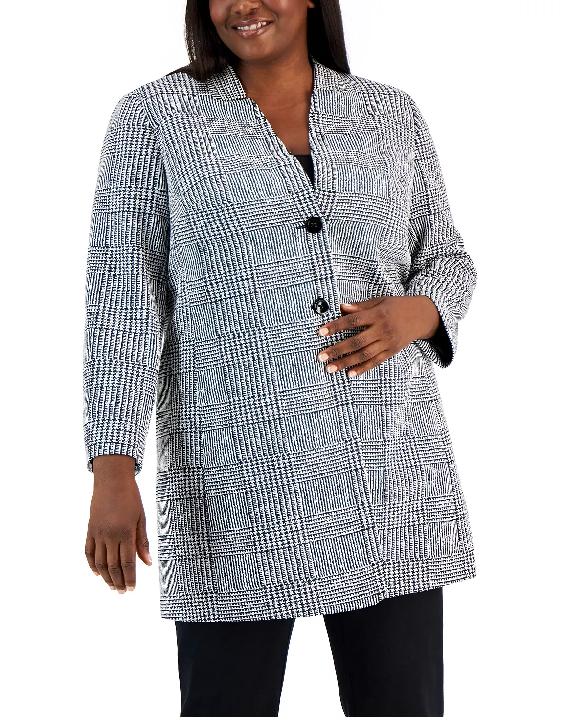 Kasper Plus Size Houndstooth-Plaid Two-Button Longline Blazer 4 Kasper Plus Size Houndstooth-Plaid Two-Button Longline Blazer - Image 4