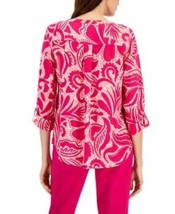 Alternative view of JM Collection Women's Swirl-Print Split-Neck Woven Top, Created For Macy's