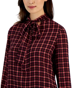 Anne Klein Women's Houndstooth-Print Tie-Neck Top -Anne Klein Sales Store 22708489 fpx