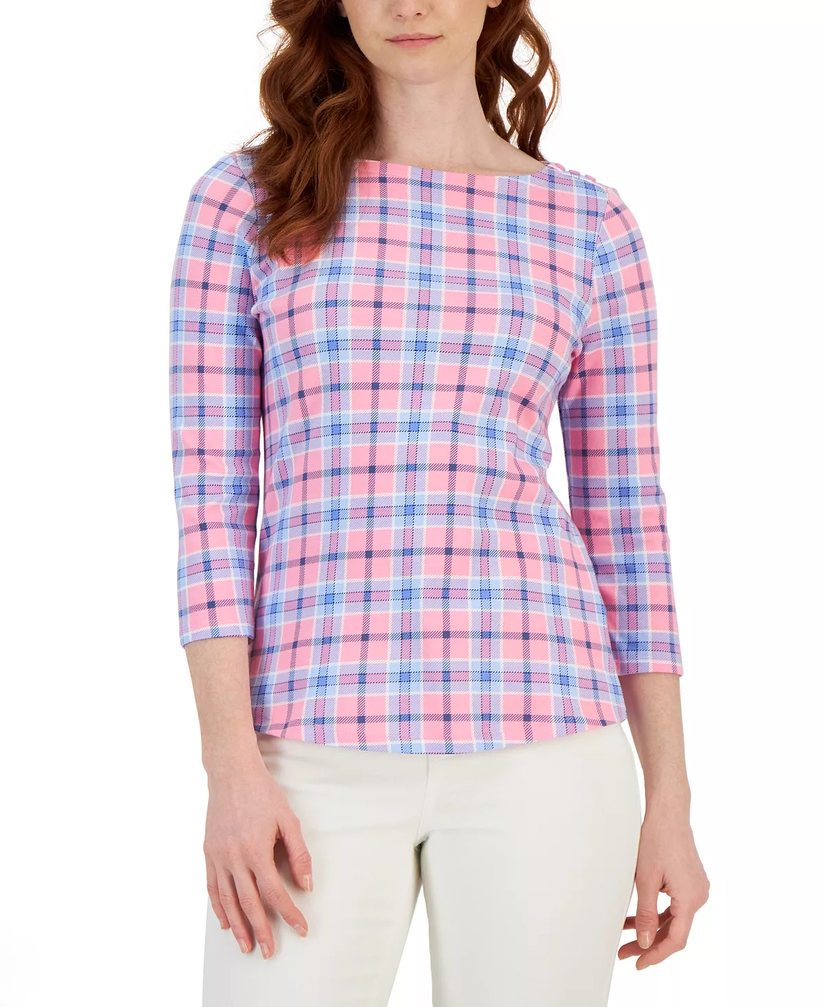 Charter Club Women's Plaid Boat-Neck 3/4-Sleeve Top, Created For Macy's 5 Charter Club Women's Plaid Boat-Neck 3/4-Sleeve Top, Created For Macy's - Image 5