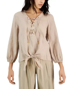 INC International Concepts Women's Lace-Up Tie-Hem Linen Blouse, Created For Macy's -Anne Klein Sales Store 22782969 fpx