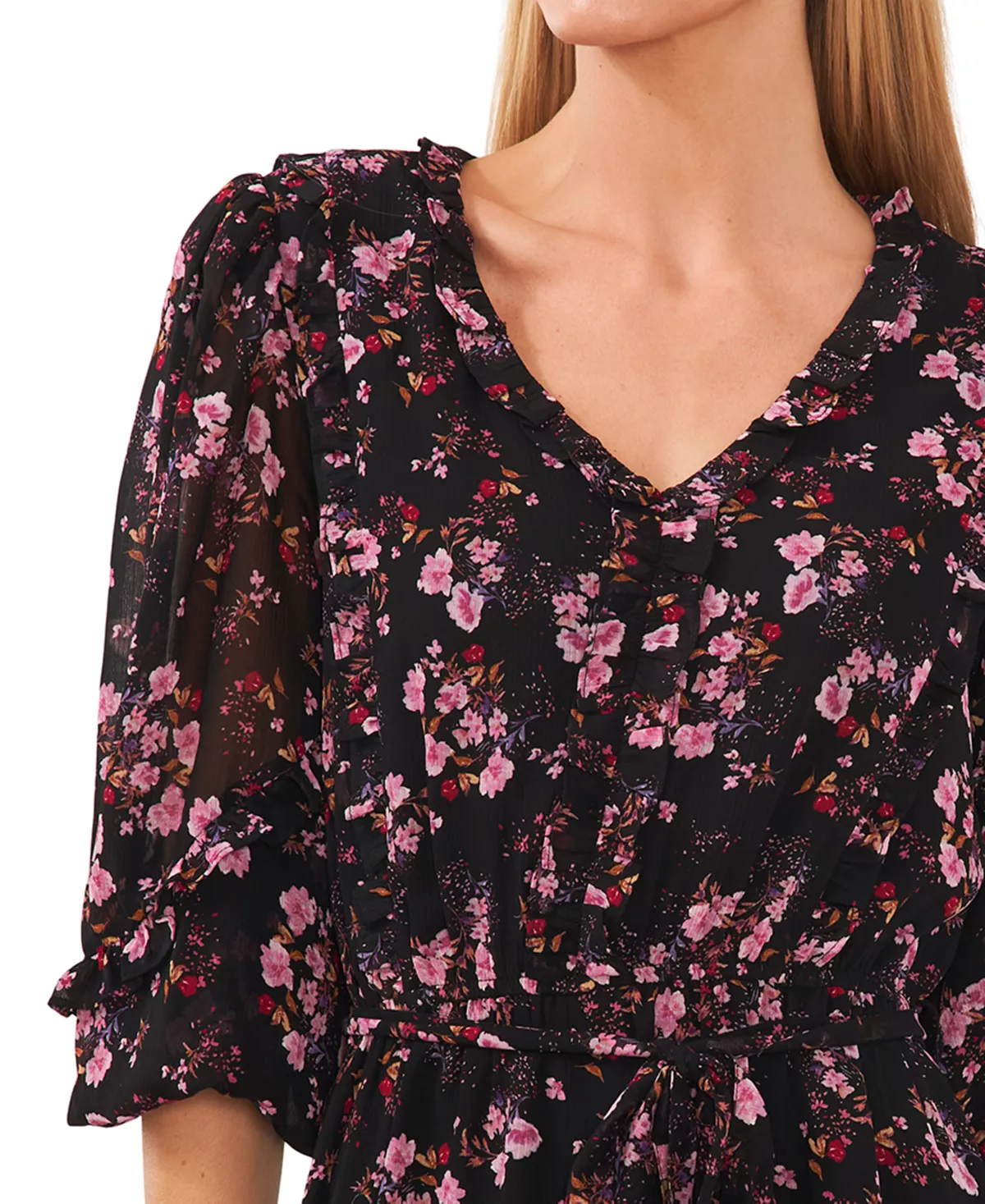 CeCe Women's Floral-Print Balloon-Sleeve Ruffled A-Line Dress 3 CeCe Women's Floral-Print Balloon-Sleeve Ruffled A-Line Dress - Image 3