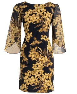 Connected Women's Printed Round-Neck Cape-Sleeve Dress