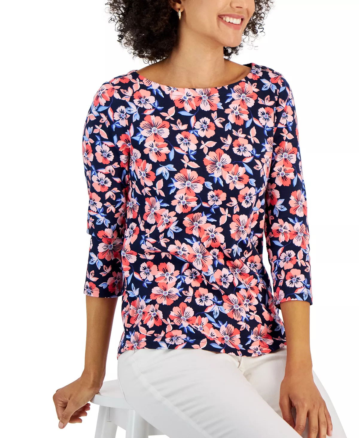 Charter Club Women's Cotton Floral-Print Boat-Neck, Created For Macy's 3 Charter Club Women's Cotton Floral-Print Boat-Neck, Created For Macy's - Image 3