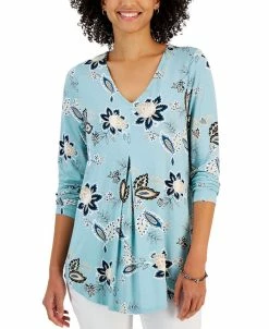 JM Collection Women's Printed V-Neck 3/4-Sleeve Tunic, Created For Macy's