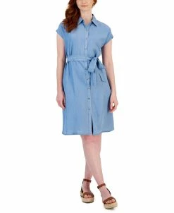 Style & Co Women's Tie-Waist Short-Sleeve Denim Shirtdress, Created For Macy's