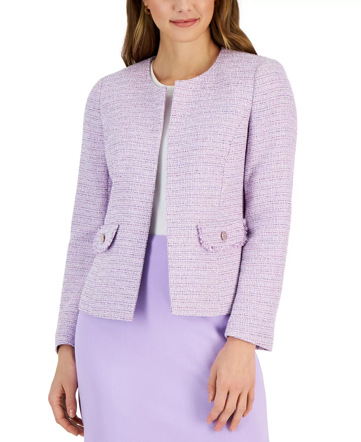 Kasper Women's Collarless Tweed Cardigan Open-Front Jacket 3 Kasper Women's Collarless Tweed Cardigan Open-Front Jacket - Image 3