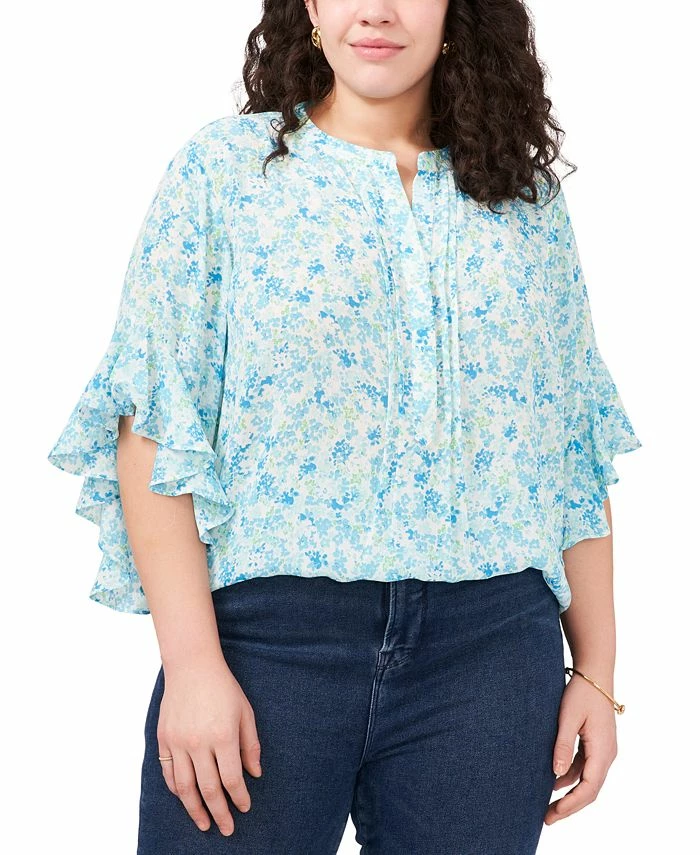 Vince Camuto Plus Size Printed Flutter Sleeve Henley Blouse 1 Vince Camuto Plus Size Printed Flutter Sleeve Henley Blouse