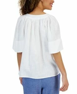 Alternative view of Charter Club Women's Linen Split-Neck Flutter-Sleeve Top, Created For Macy's