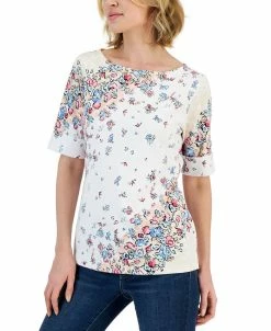 Karen Scott Women's Givery Garden Boat-Neck Elbow-Sleeve Top, Created For Macy's