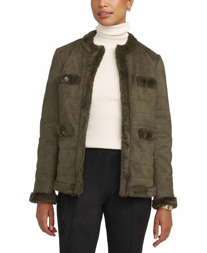 Anne Klein Women's Scuba Faux Suede Quilted Faux-Fur-Trim Jacket 1 Anne Klein Women's Scuba Faux Suede Quilted Faux-Fur-Trim Jacket