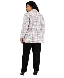 Bar III Plus Size Plaid Faux Double-Breasted Boyfriend Blazer, Long-Sleeve Bow Tie Blouse, & Pull-On Pants, Created For Macy's -Anne Klein Sales Store 23560830 fpx