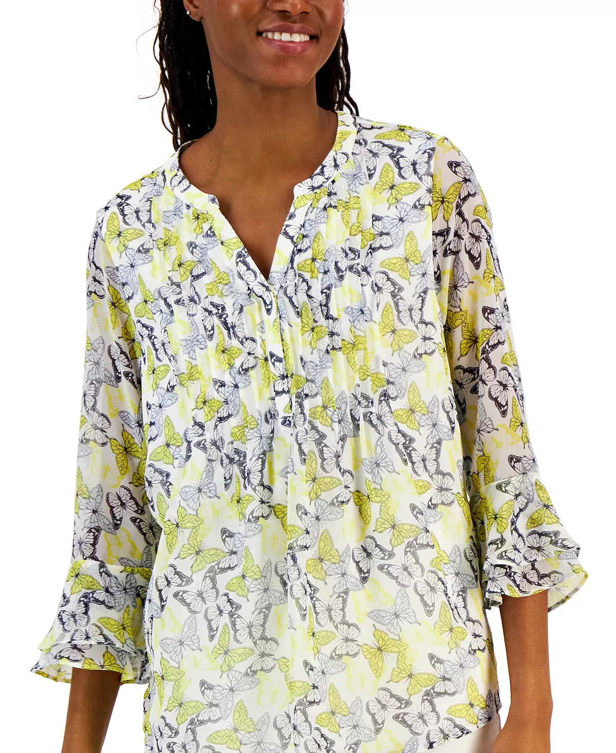 Charter Club Women's Butterfly-Print Pintuck Top, Created For Macy's 6 Charter Club Women's Butterfly-Print Pintuck Top, Created For Macy's - Image 6