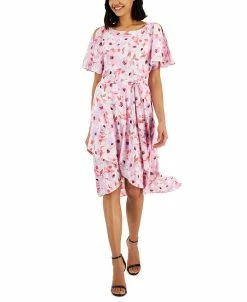 Anne Klein Women's Printed Slit-Shoulder Tie-Waist Dress