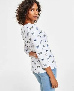 Alternative view of Charter Club Women's Butterfly-Print 3/4-Sleeve Top, Created For Macy's