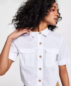 Bar III Women's Cropped Cuffed-Sleeve Pocket Shirt, Created For Macy's -Anne Klein Sales Store 23622260 fpx