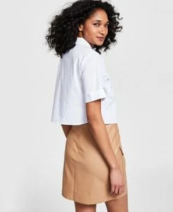 Bar III Women's Cropped Cuffed-Sleeve Pocket Shirt, Created For Macy's -Anne Klein Sales Store 23622261 fpx