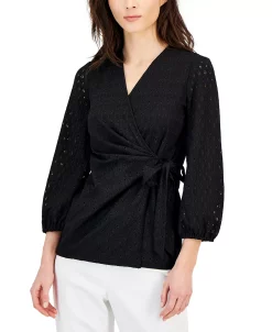 Anne Klein Women's Dot-Lace Blouson-Sleeve Wrap Top