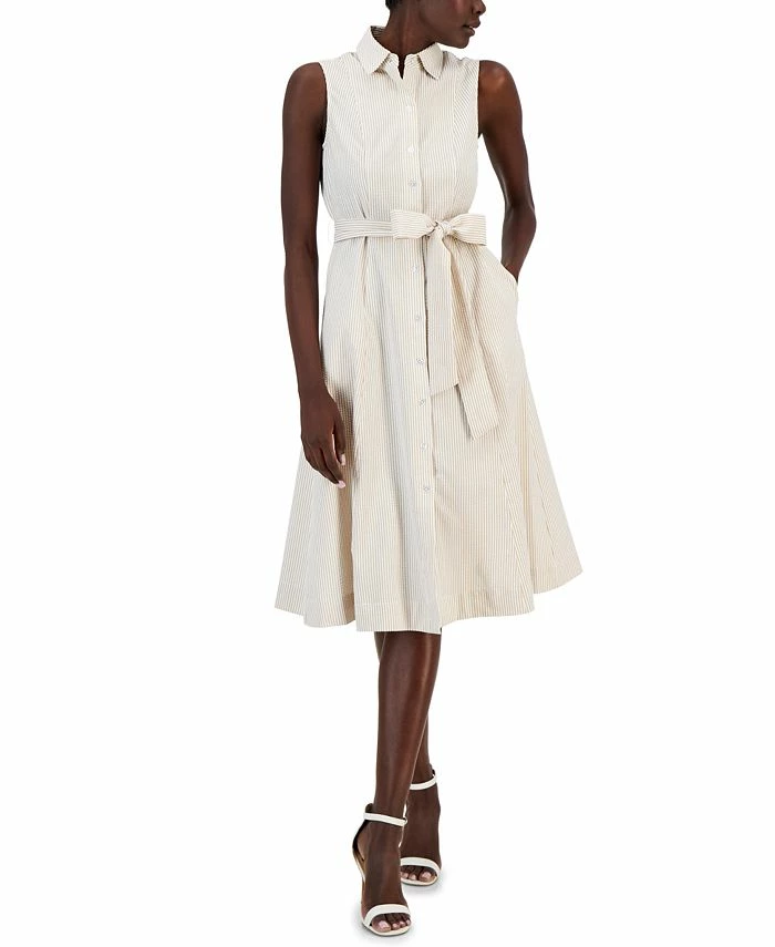 Anne Klein Women's Sleeveless Seersucker Belted Shirt Dress 1 Anne Klein Women's Sleeveless Seersucker Belted Shirt Dress