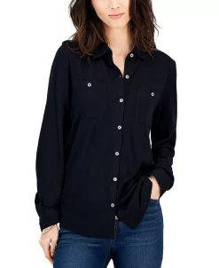 Style & Co Women's Button-Up Collared Knit Shirt, Created For Macy's 10 Style & Co Women's Button-Up Collared Knit Shirt, Created For Macy's -Anne Klein Sales Store 23757589 fpx