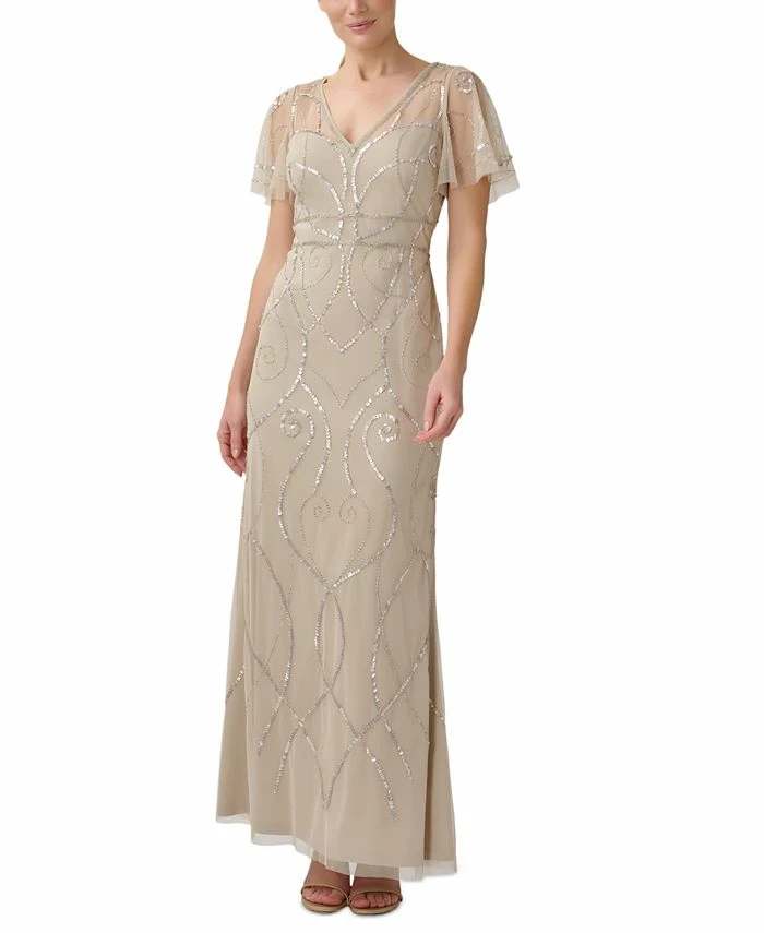 Papell Studio Women's Flutter-Sleeved Embellished V-Neck Gown 1 Papell Studio Women's Flutter-Sleeved Embellished V-Neck Gown