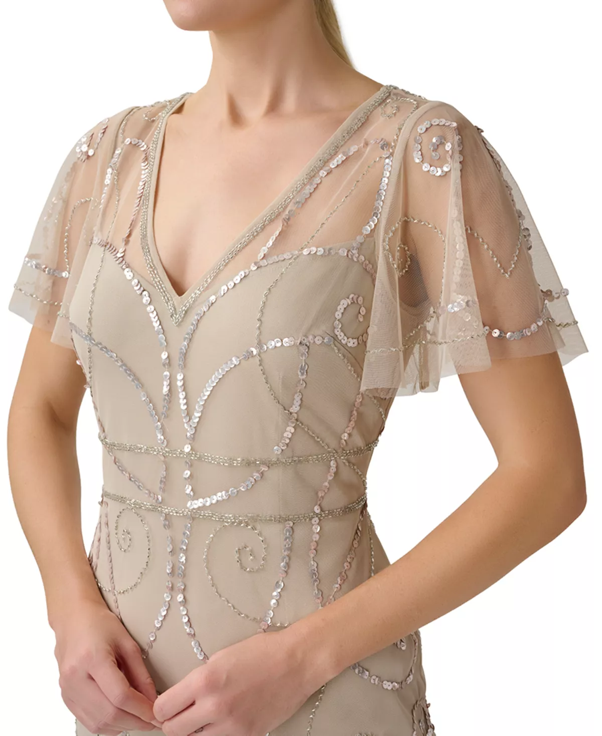 Papell Studio Women's Flutter-Sleeved Embellished V-Neck Gown 3 Papell Studio Women's Flutter-Sleeved Embellished V-Neck Gown - Image 3