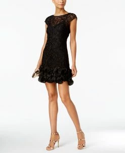 Guess Floral-Lace Ruffled-Hem Sheath